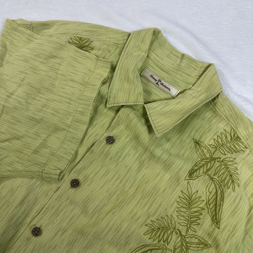 Tommy Bahama Men XL Green Linen Blend Hawaiian Camp Shirt Embroidered Tropical